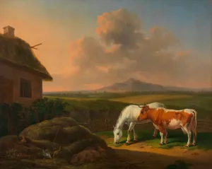 Pferd und Kuh im Wirtschaftshof by Alexander Johann Dallinger Von Dalling Oil Painting