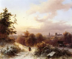Winter: A Peasant on a Path in a Wooded Landscape, a Town in the Background painting by Alexander Joseph Daiwaille