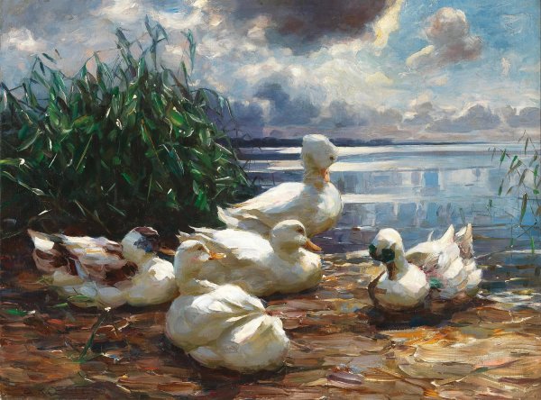 Main Product Photo of Ducks on Lake Chiemsee in a Brewing Storm Painting by Alexander Koester