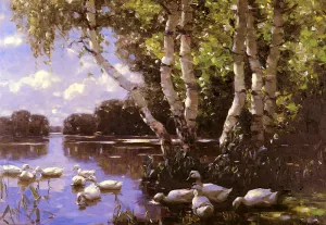Eleven Ducks under Birches and in the Water by Alexander Koester Oil Painting