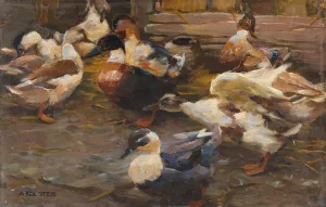 Enten vor dem Stall by Alexander Koester Oil Painting