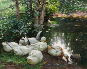 Sechs Enten am Teichufer by Alexander Koester Oil Painting