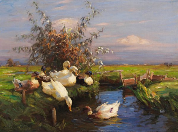 Sieben Enten am Graben  by Alexander Koester - Hand-Painted Oil Painting Reproduction