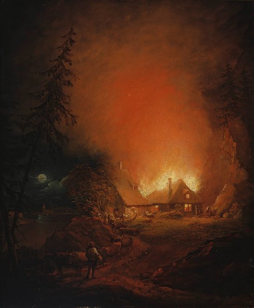 Fire At Night In A Peasant House  by Alexander Laureus - Hand-Painted Oil Painting Reproduction