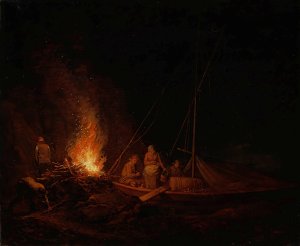 Fishermen Lighting A Campfire by Alexander Laureus Oil Painting
