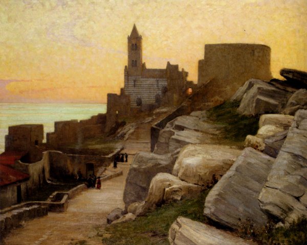 Main Product Photo of Mediterranean Village At Sunset Painting by Alexander Mann