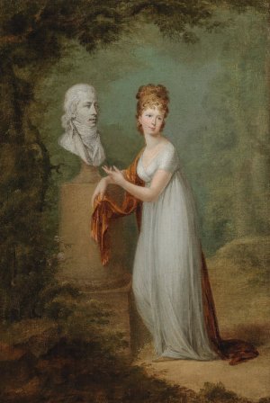 A Young Lady By Her Husband'S Bust In A Park by Alexander Molinari Oil Painting