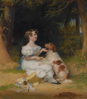 A Girl With Her Spaniel by Alexander Mosses Oil Painting