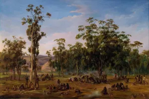 An Aboriginal encampment, near the Adelaide foothills Oil painting by Alexander Schramm