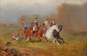 Flucht eleganter Reiter vor dem Kampfgeschehen by Alexander Von Bensa Oil Painting