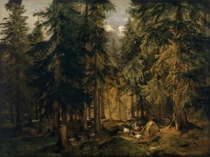Forest in the High Mountains with Flock of Goats by Alexandre Calame Oil Painting