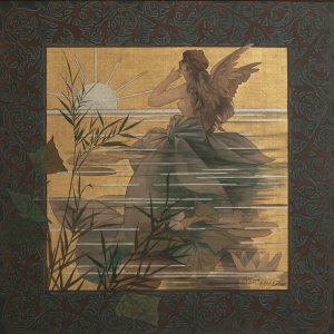Composition with winged nymph at sunrise by Alexandre De Riquer Oil Painting