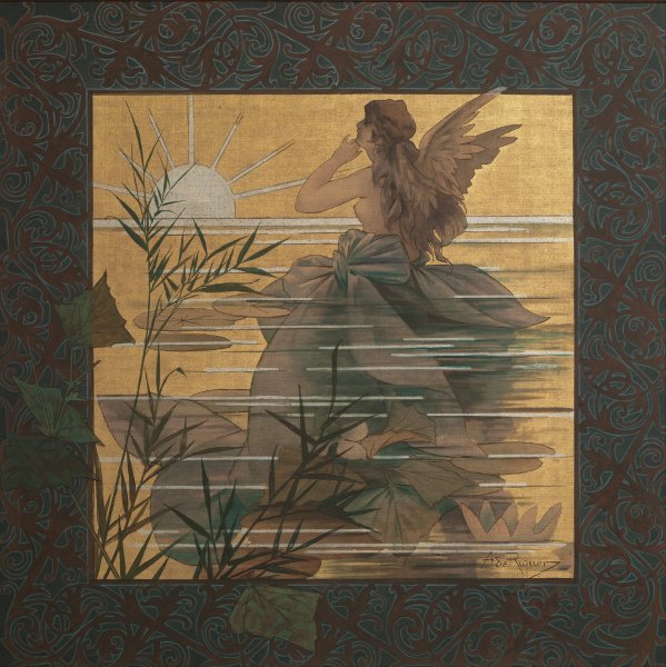 Main Product Photo of Composition with winged nymph at sunrise  Painting by Alexandre De Riquer