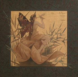 Composition with winged nymph blowing amongst reeds by Alexandre De Riquer Oil Painting