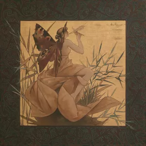 Composition with winged nymph blowing amongst reeds by Alexandre De Riquer Oil Painting