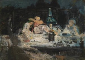 Figures Seated Around a Lamp by Alexandre Falguiere Oil Painting
