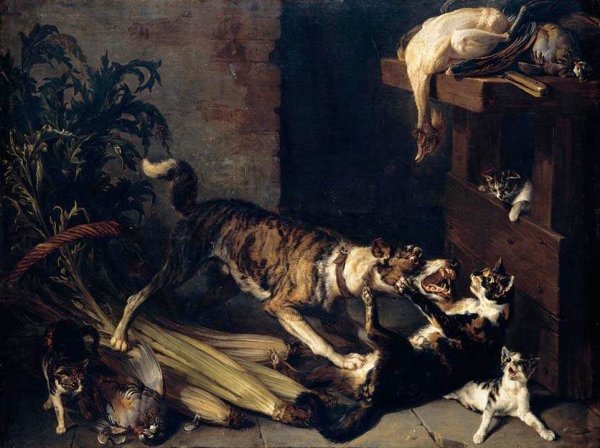 Main Product Photo of A Dog and a Cat Fighting in a Kitchen Interior Painting by Alexandre-Francois Desportes