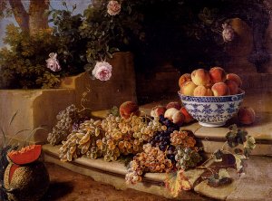 Still Life of Grapes, Peaches in a Blue and White Porcelain Bowl and a Melon, Resting on a Stone Stairway