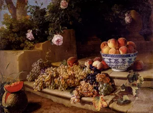 Still Life of Grapes, Peaches in a Blue and White Porcelain Bowl and a Melon, Resting on a Stone Stairway