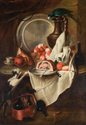 Still Life With Fruits And Ham With A Cat And A Parrot by Alexandre-Francois Desportes Oil Painting