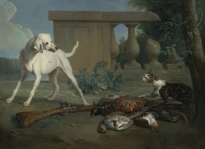 A Hound Protecting A Bag Of Game From A Cat by Alexandre Francois Desportes Oil Painting