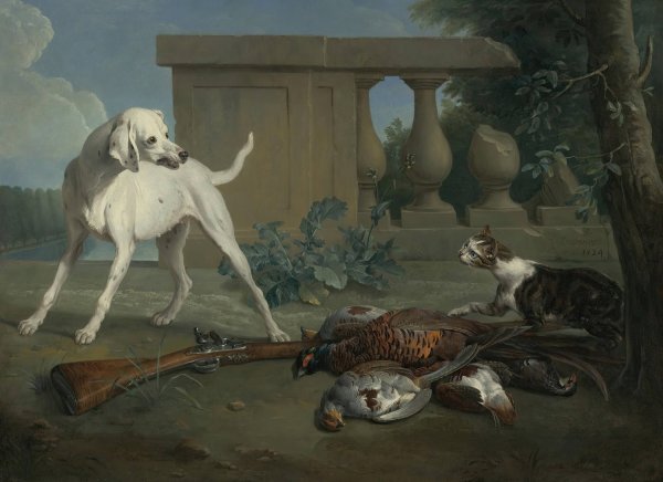 A Hound Protecting A Bag Of Game From A Cat  by Alexandre Francois Desportes - Hand-Painted Oil Painting Reproduction