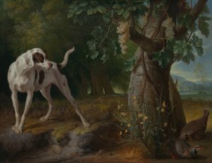 Dog Pointing Partrideges in a Landscape by Alexandre Francois Desportes Oil Painting