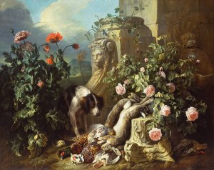 Dogs with Flowers and Dead Game by Alexandre Francois Desportes Oil Painting