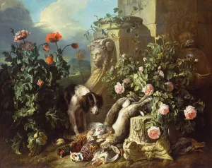 Dogs with Flowers and Dead Game by Alexandre Francois Desportes Oil Painting