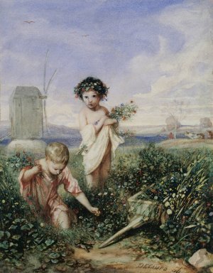 Children gathering Flowers by Alexandre-Gabriel Decamps Oil Painting