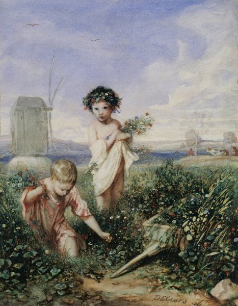 Children gathering Flowers  by Alexandre-Gabriel Decamps - Hand-Painted Oil Painting Reproduction
