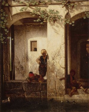 Enfants turcs aupres d'une fontaine by Alexandre-Gabriel Decamps Oil Painting