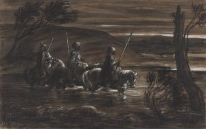 Three Arab Horsemen Crossing A River by Alexandre-Gabriel Decamps Oil Painting
