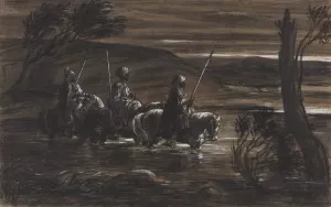 Three Arab Horsemen Crossing A River by Alexandre-Gabriel Decamps Oil Painting