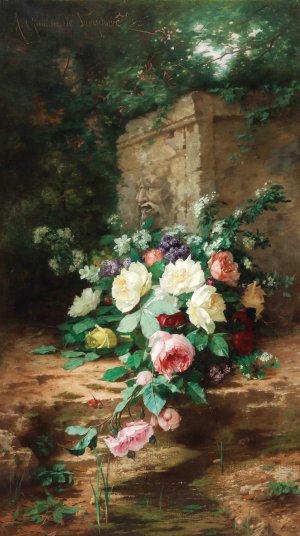 Flowers By An Ancient Fountain by Alexandre Gamba De Preydour Oil Painting
