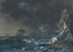 Ships On A Stormy Sea, With Figures On The Shore by Alexandre-Jean Noel Oil Painting