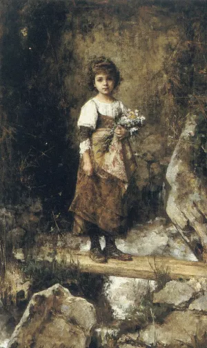 A Peasant Girl on a Footbridge by Alexei Harlamoff - Oil Painting Reproduction
