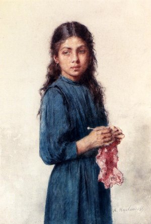 A Young Girl Knitting by Alexei Harlamoff Oil Painting