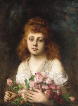 Auburn-Haired Beauty with Bouquet of Roses by Alexei Harlamoff Oil Painting