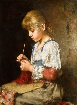 Girl Crocheting by Alexei Harlamoff Oil Painting
