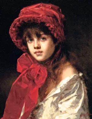 Girl in a Red Hat by Alexei Harlamoff - Oil Painting Reproduction