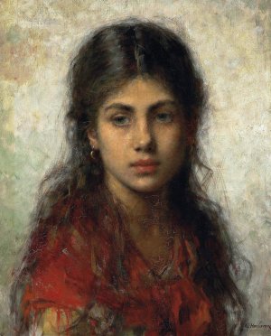 Girl With A Red Shawl by Alexei Harlamoff Oil Painting