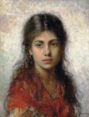 Girl with a Red Shawl by Alexei Harlamoff - Oil Painting Reproduction