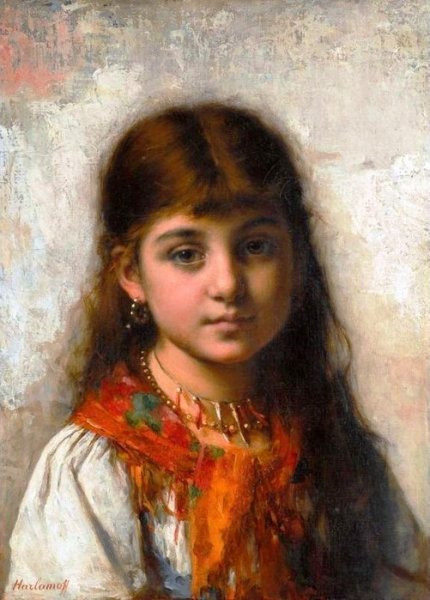 Girl with Coral Necklace and Shawl by Alexei Harlamoff - Hand-Painted Oil Painting Reproduction