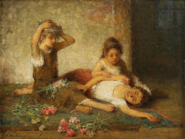 Main Product Photo of Girls with Flowers Painting by Alexei Harlamoff