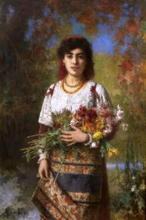Gypsy Girl with Flowers by Alexei Harlamoff Oil Painting