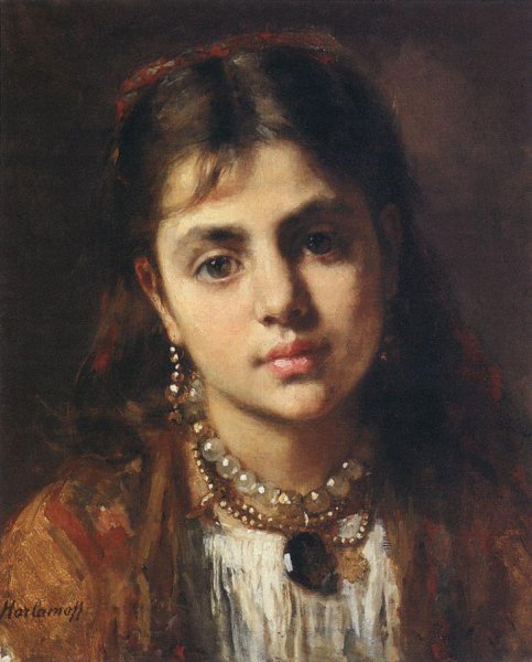 Head of a Girl by Alexei Harlamoff - Hand-Painted Oil Painting Reproduction