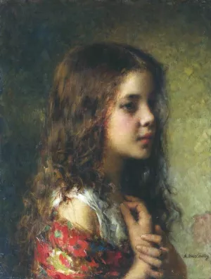 Head of a Girl by Alexei Harlamoff - Oil Painting Reproduction