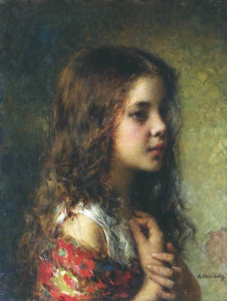 Head of a Girl by Alexei Harlamoff - Hand-Painted Oil Painting Reproduction