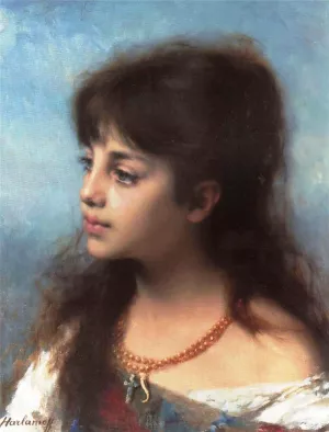 Portrait of a Young Girl by Alexei Harlamoff Oil Painting